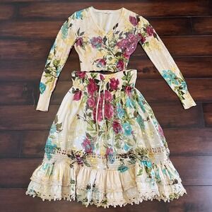 Kenzo Floral Sequin 2-Piece Set Women S Cream Cardigan Tiered Ruffle Skirt Boho